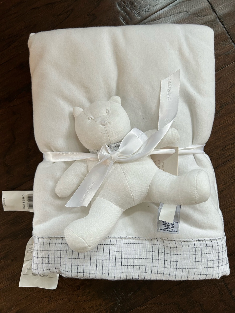 Baby GAP White Linen Bear & Blanket with Linen Plaid Trim 28 x 30” NWT